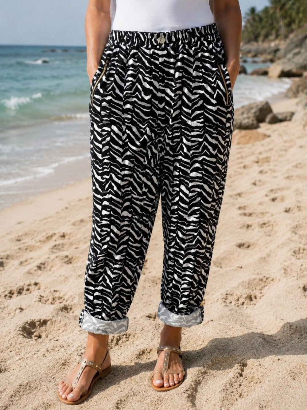 Calvin Klein Linen Pants Womens Size 1X Black White Zebra Print Roll tab cuff